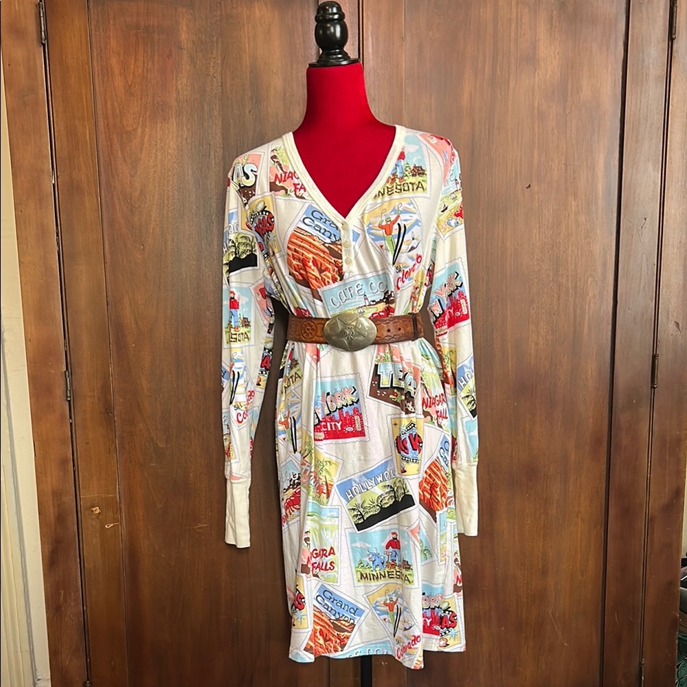 Nick & Nora Vintage Postcards Lounge Dress Sleep Shirt XL